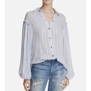 Free People XS Blue Textured Button Front Blouse Long Sleeve Casual Top NWT